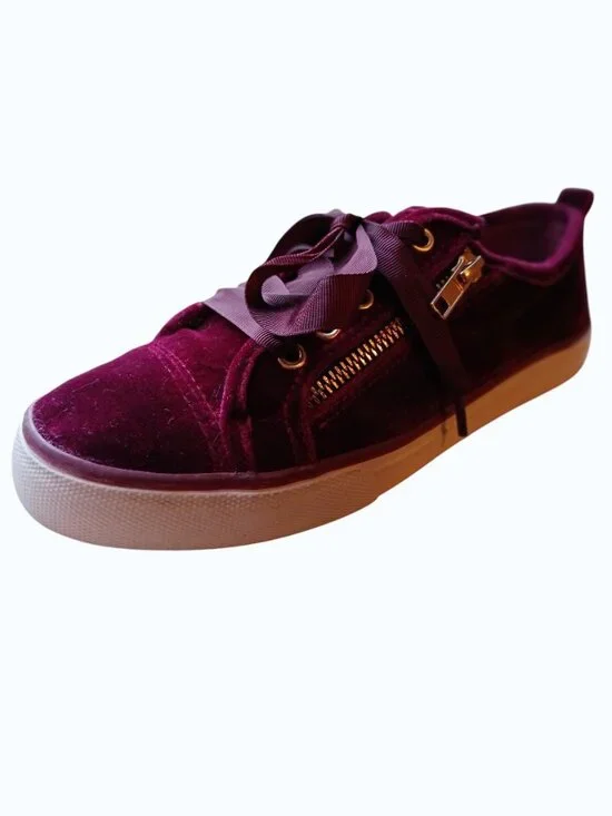 NOT RATED Red/Burgundy Velvet Gold Zipper Satin Lace Sneakers - Picture 5 of 16